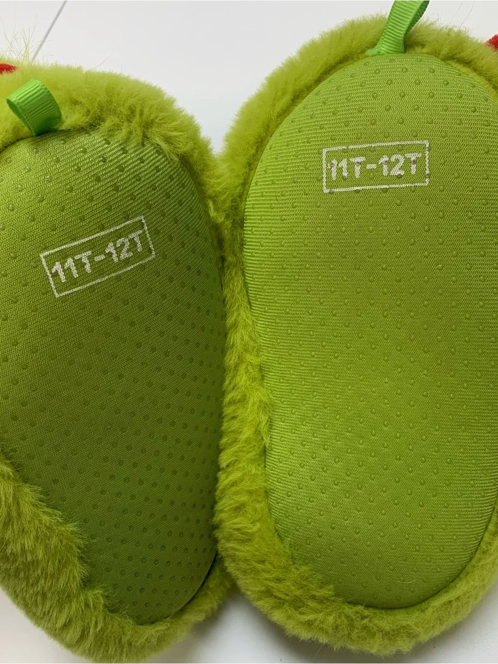 Kids Fluffy Green Grinch Slippers with Red Bow